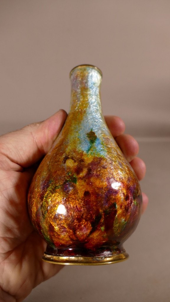 Jules Sarlandie, Limoges Enamel Vase With Flowers, Early 20th Century-photo-3
