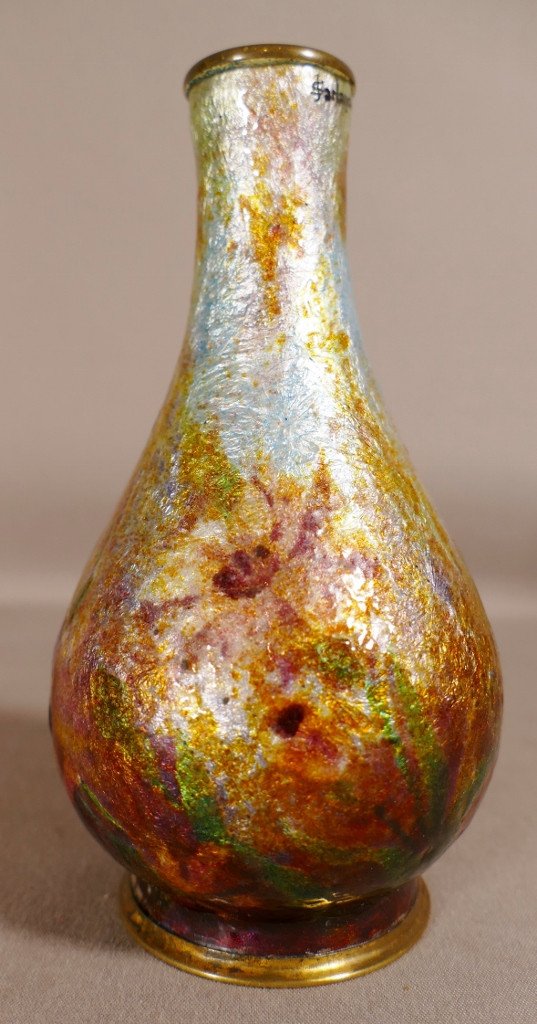 Jules Sarlandie, Limoges Enamel Vase With Flowers, Early 20th Century