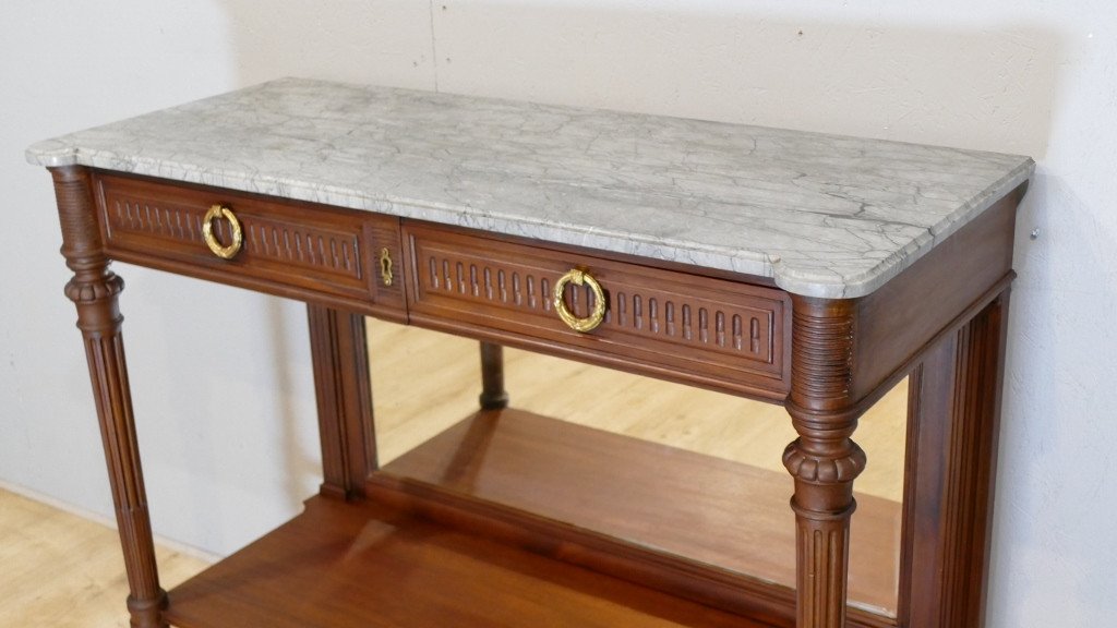 Louis XVI Serving Console In Solid Mahogany And Turquin Blue Marble, Late XIXth Time-photo-3