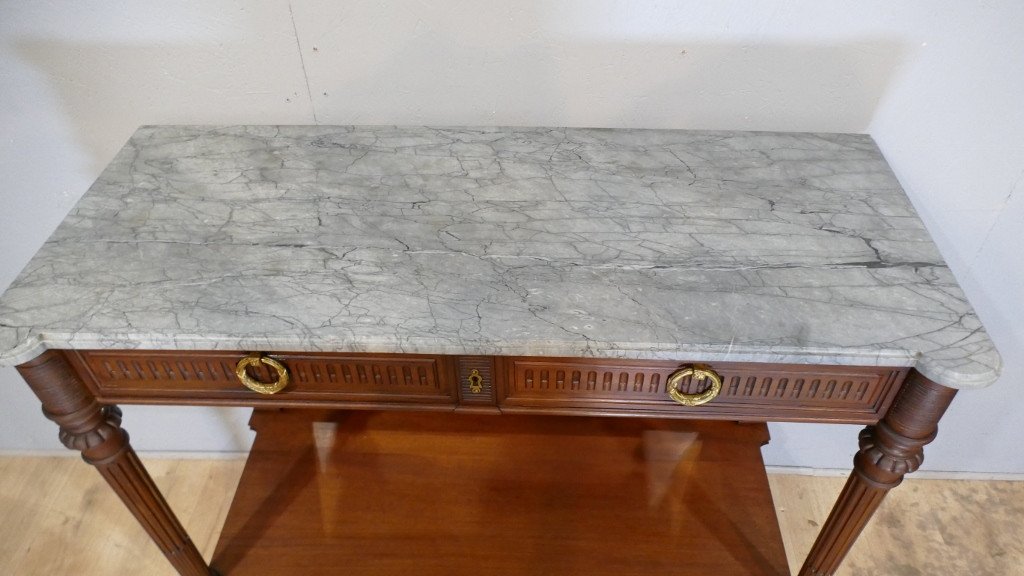 Louis XVI Serving Console In Solid Mahogany And Turquin Blue Marble, Late XIXth Time-photo-3