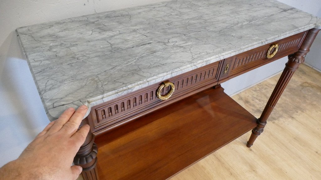 Louis XVI Serving Console In Solid Mahogany And Turquin Blue Marble, Late XIXth Time-photo-4