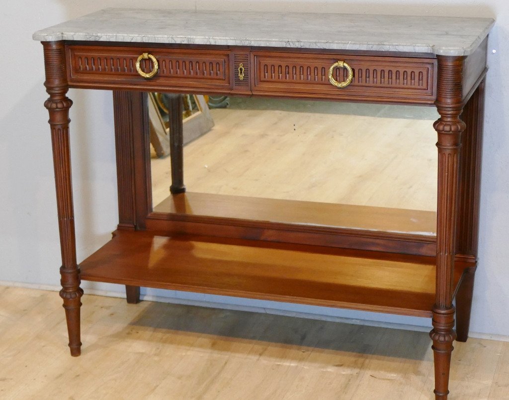 Louis XVI Serving Console In Solid Mahogany And Turquin Blue Marble, Late XIXth Time