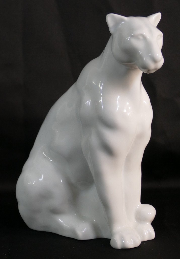 La Panthère, Statuette Art Déco En Porcelaine Blanche Manufacture Haviland, Limoges-photo-2