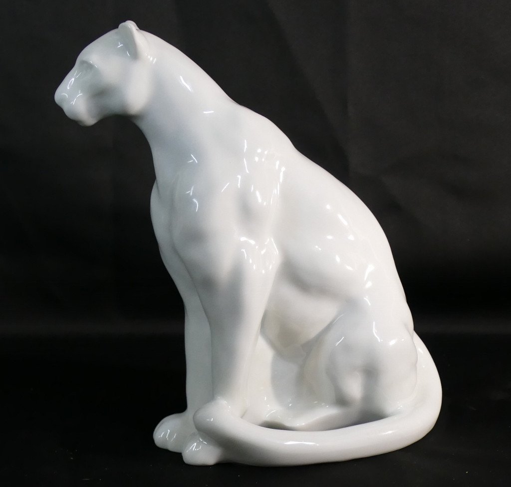 La Panthère, Statuette Art Déco En Porcelaine Blanche Manufacture Haviland, Limoges-photo-3