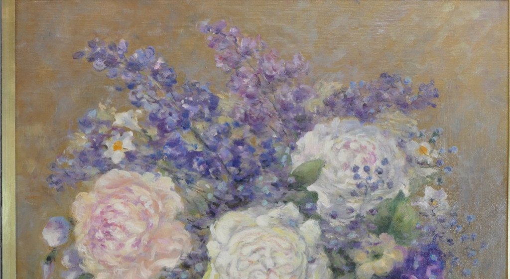 Delphiniums, Roses Et Campanules, Claude Chantereau, Tableau Peinture à l'Huile Sur Toile-photo-2