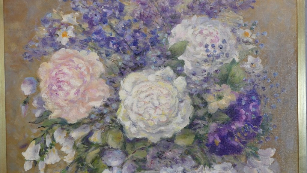 Delphiniums, Roses Et Campanules, Claude Chantereau, Tableau Peinture à l'Huile Sur Toile-photo-3
