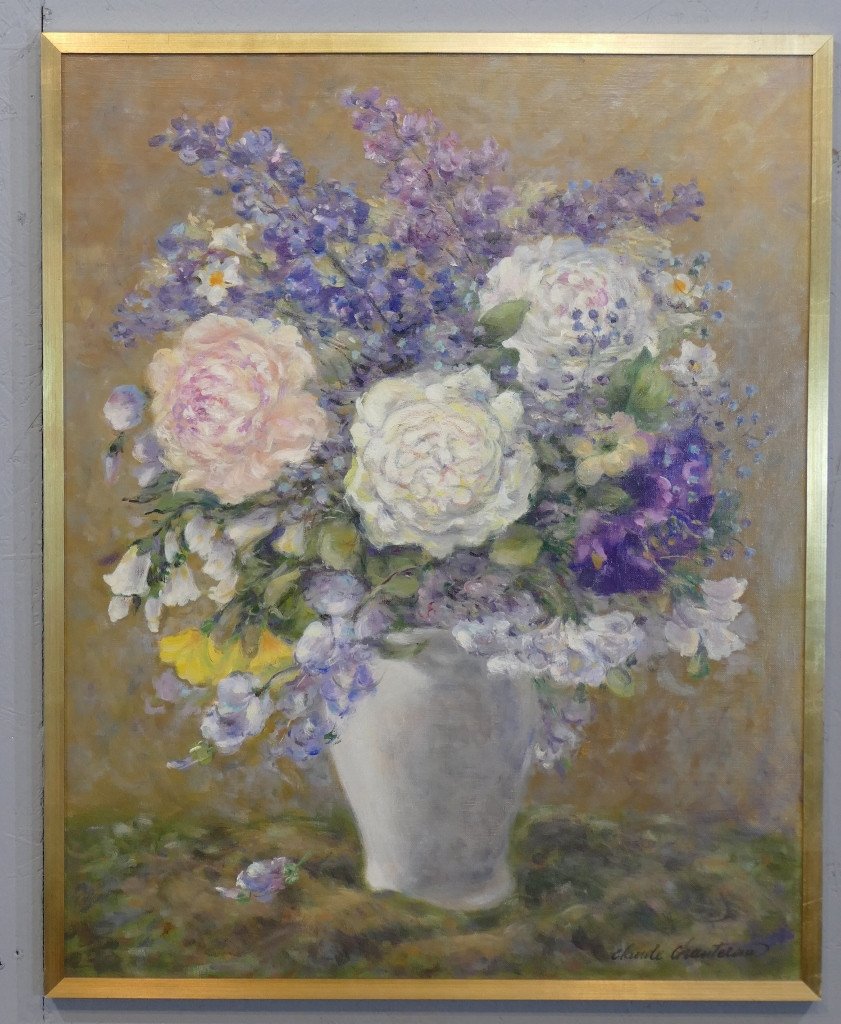 Delphiniums, Roses Et Campanules, Claude Chantereau, Tableau Peinture à l'Huile Sur Toile