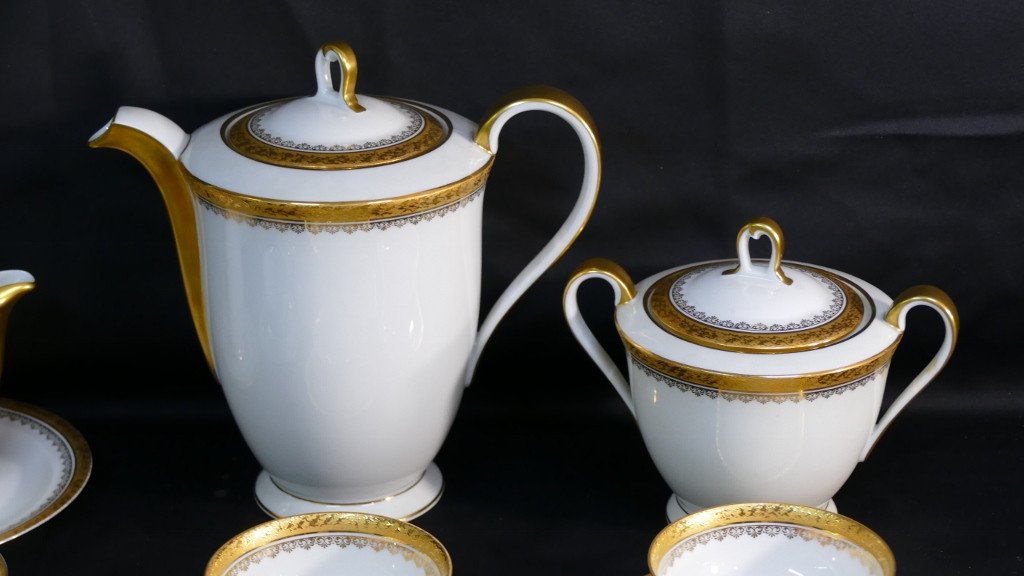 Coffee Service In Gold Inlay, Limoges Porcelain Roger Lenoir-photo-2