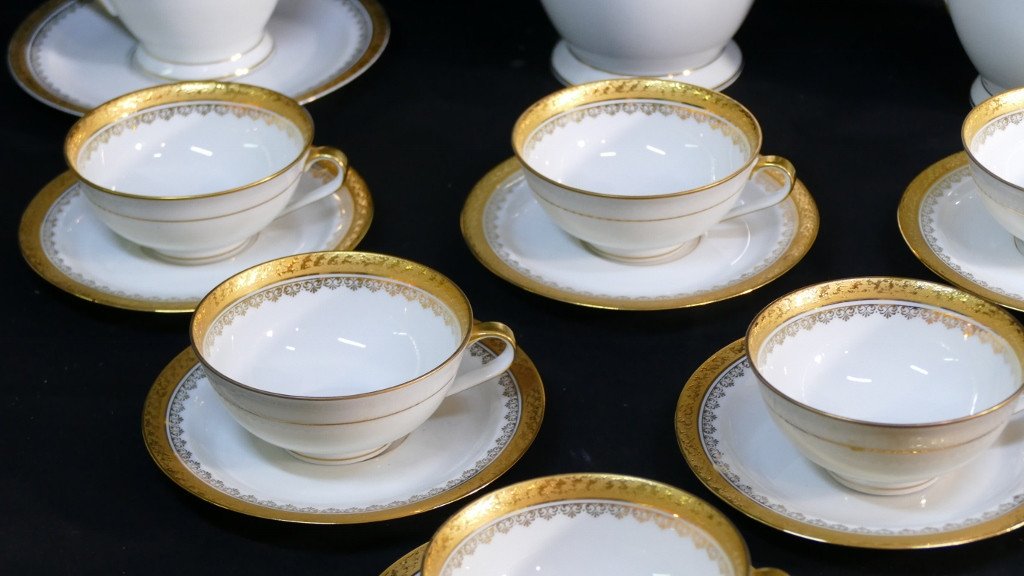 Coffee Service In Gold Inlay, Limoges Porcelain Roger Lenoir-photo-3