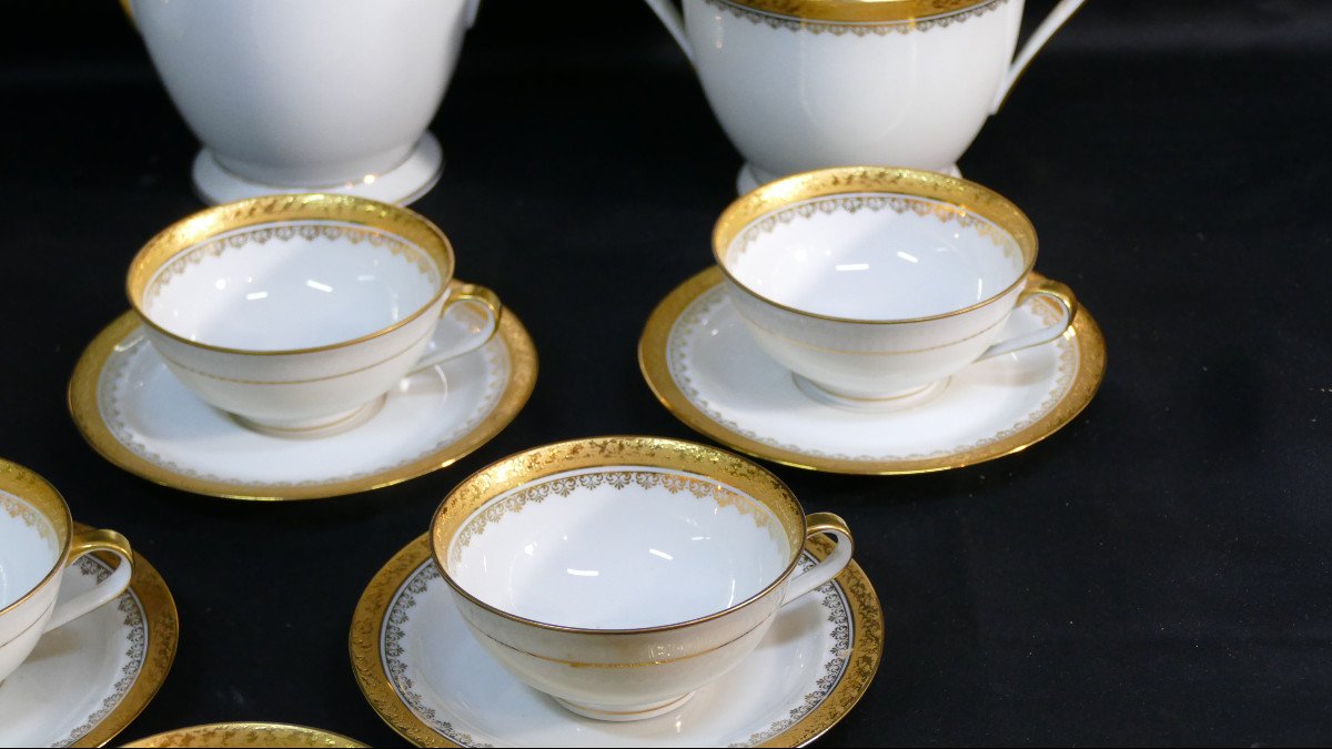 Coffee Service In Gold Inlay, Limoges Porcelain Roger Lenoir-photo-4