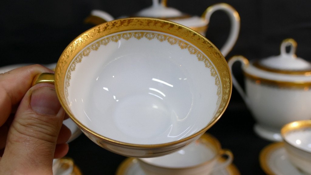 Coffee Service In Gold Inlay, Limoges Porcelain Roger Lenoir-photo-6
