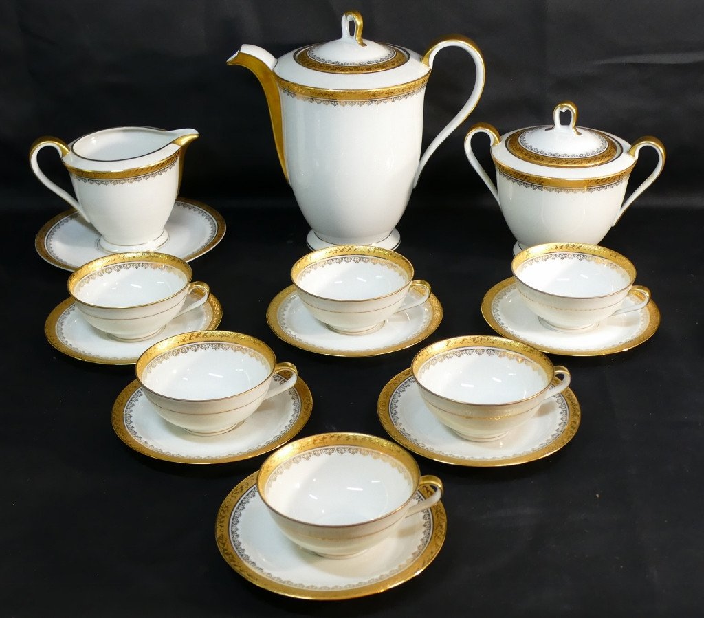 Coffee Service In Gold Inlay, Limoges Porcelain Roger Lenoir