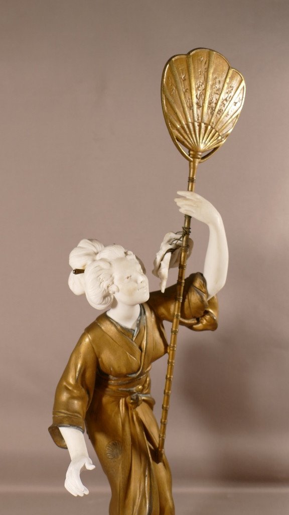 Geisha With A Fan, Sculpture By Adolphe Armand Truffier In Metal And Biscuit, 1900 Period-photo-2