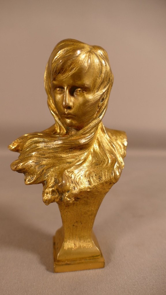 Jules Aimé Grosjean, Seal, Gilt Bronze Wax Stamp, Bust Of A Young Veiled Woman, Late XIX