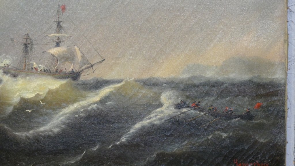 Marine Painting, Boat And Boat In Heavy Weather, Storm Oil On Canvas XIX-photo-3