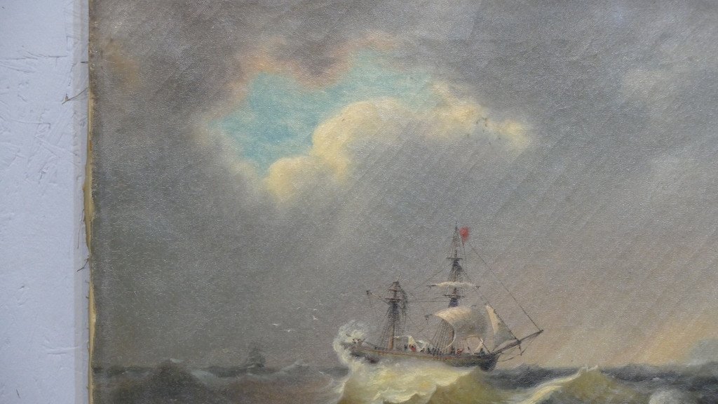 Marine Painting, Boat And Boat In Heavy Weather, Storm Oil On Canvas XIX-photo-1