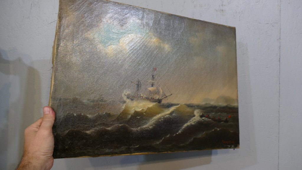 Marine Painting, Boat And Boat In Heavy Weather, Storm Oil On Canvas XIX-photo-7