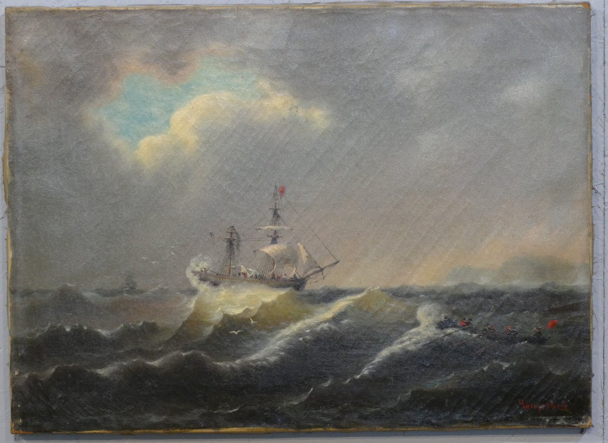 Marine Painting, Boat And Boat In Heavy Weather, Storm Oil On Canvas XIX