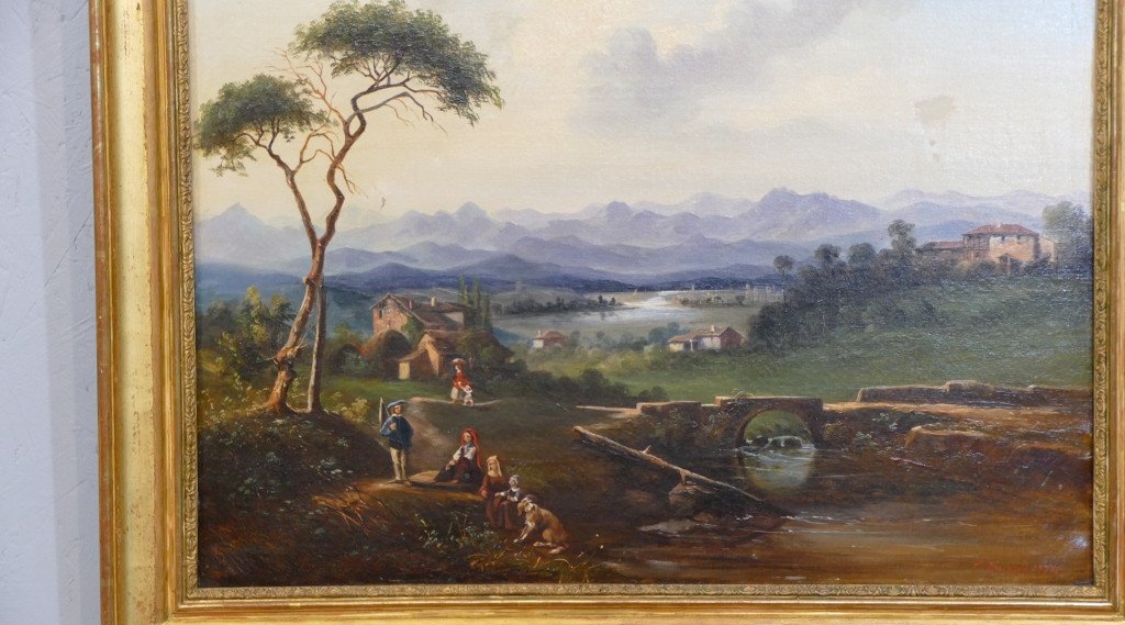 Italian Or Swiss Landscape With Characters, Mountain And River, Signed Thevenet Dated 1851-photo-2