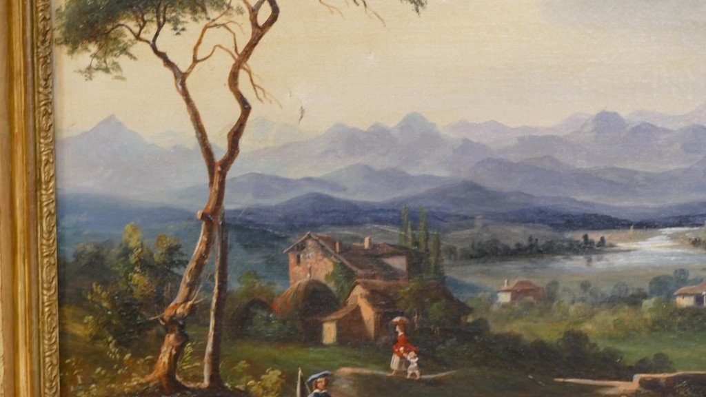 Italian Or Swiss Landscape With Characters, Mountain And River, Signed Thevenet Dated 1851-photo-3