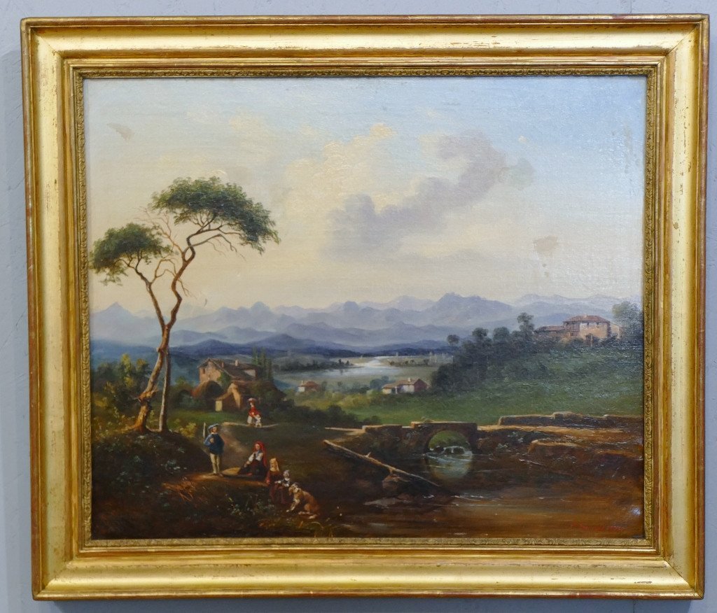 Italian Or Swiss Landscape With Characters, Mountain And River, Signed Thevenet Dated 1851