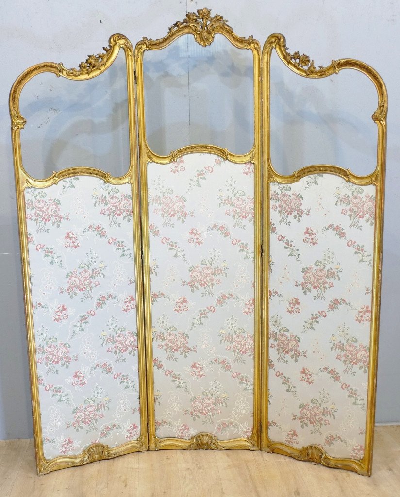 Paravent En Bois Doré Et Soie De Style Louis XV époque XIX ème Siècle