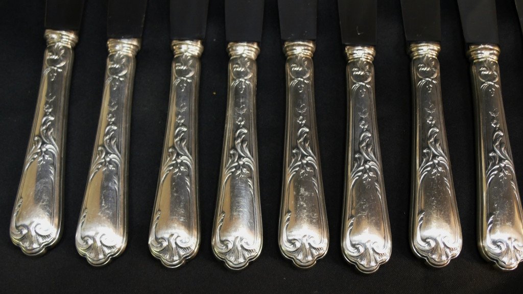 Ercuis Louis XV, Box Of 12 Table Knives In Silver Metal-photo-2