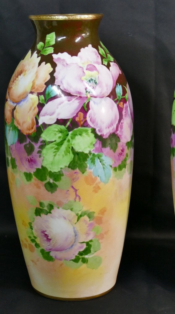 Roses, Irises And Dahlias, Pair Of Large Limoges Porcelain Vases By Poujol, Early 20th Century-photo-2