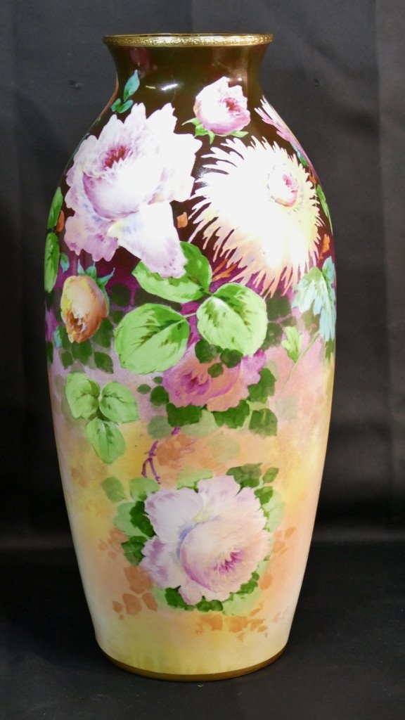 Roses, Irises And Dahlias, Pair Of Large Limoges Porcelain Vases By Poujol, Early 20th Century-photo-3