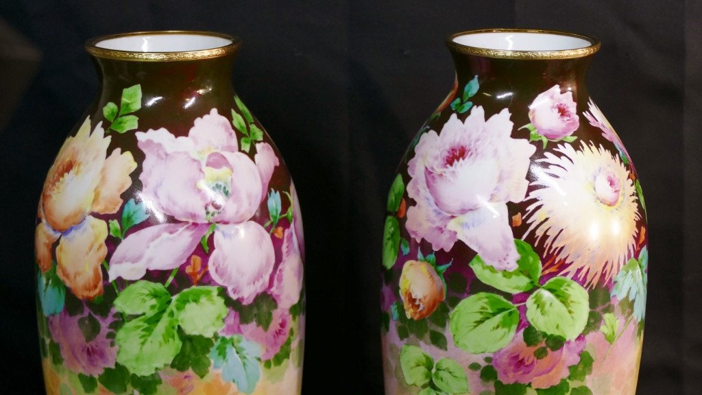Roses, Irises And Dahlias, Pair Of Large Limoges Porcelain Vases By Poujol, Early 20th Century-photo-4