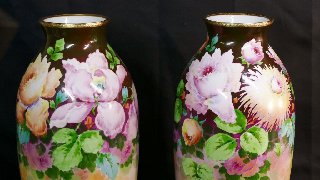 Roses, Iris Et Dahlias, Paire De Grands Vases En Porcelaine De Limoges Par Poujol, Début XX ème-photo-4