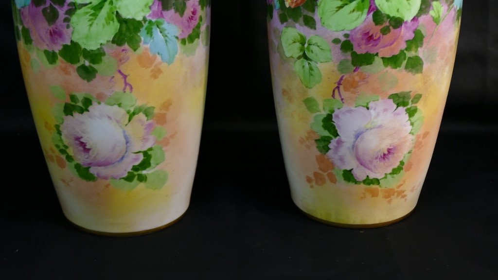 Roses, Irises And Dahlias, Pair Of Large Limoges Porcelain Vases By Poujol, Early 20th Century-photo-1