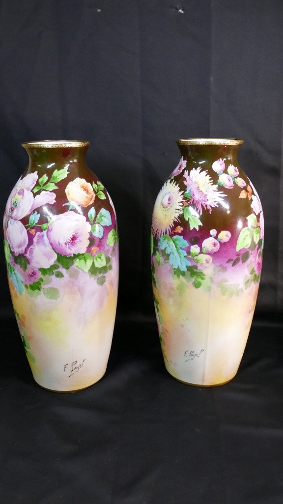 Roses, Irises And Dahlias, Pair Of Large Limoges Porcelain Vases By Poujol, Early 20th Century-photo-4