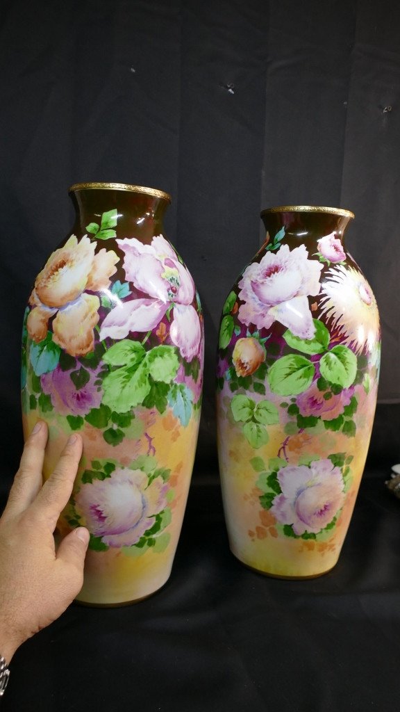Roses, Irises And Dahlias, Pair Of Large Limoges Porcelain Vases By Poujol, Early 20th Century-photo-8