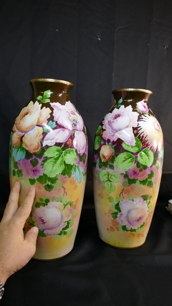 Roses, Iris Et Dahlias, Paire De Grands Vases En Porcelaine De Limoges Par Poujol, Début XX ème-photo-8