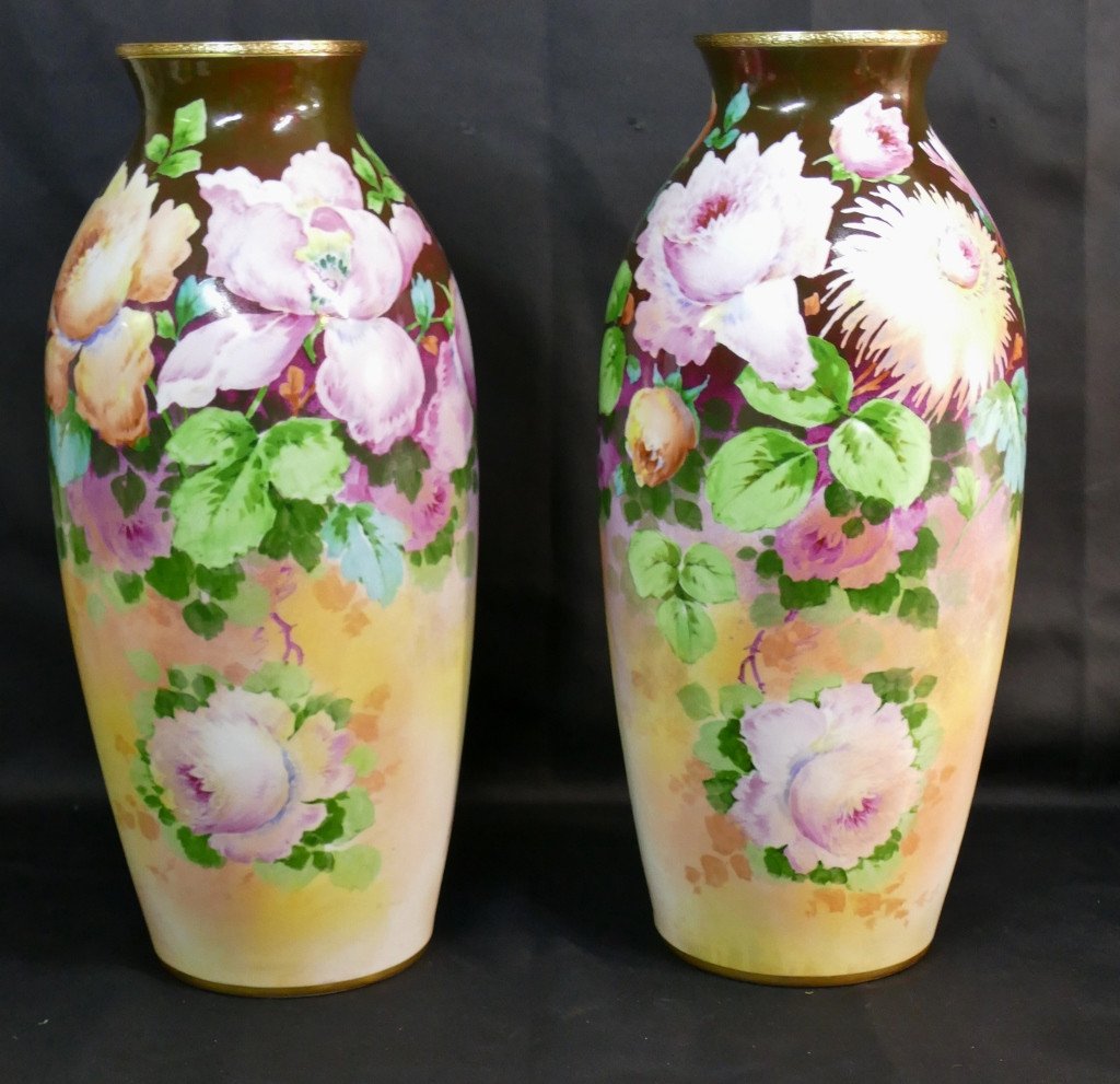 Roses, Irises And Dahlias, Pair Of Large Limoges Porcelain Vases By Poujol, Early 20th Century