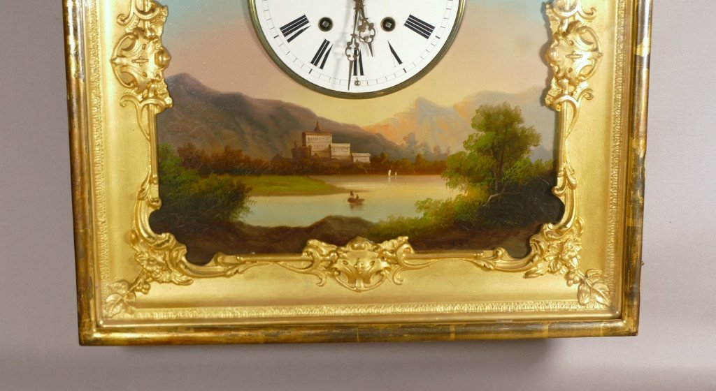 Tableau Horloge d'époque Charles X, Paysage Et Horloge à Fil, XIX ème-photo-2