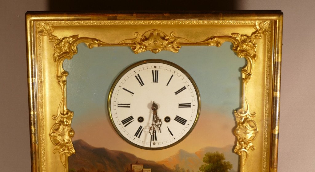 Tableau Horloge d'époque Charles X, Paysage Et Horloge à Fil, XIX ème-photo-3