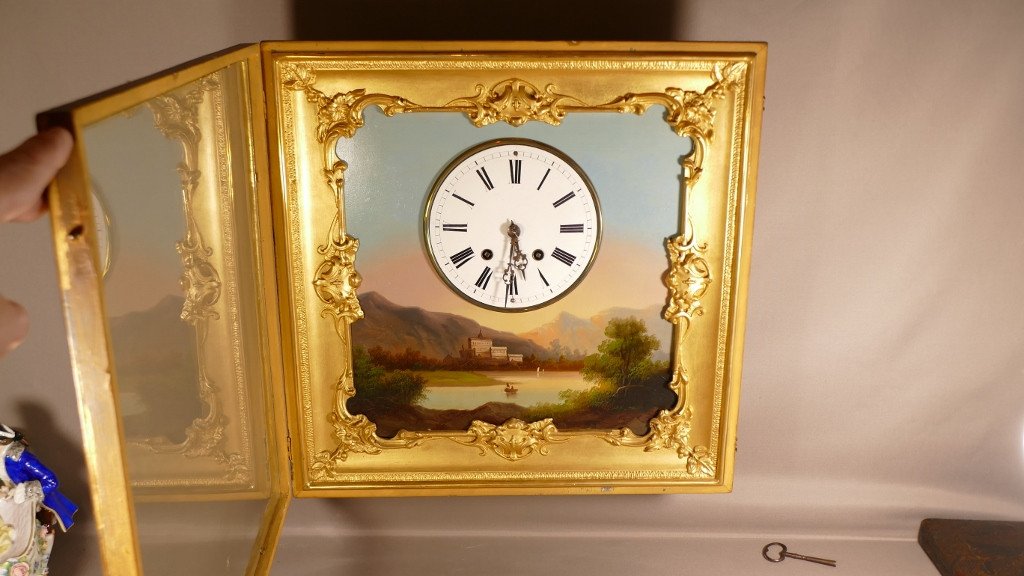 Tableau Horloge d'époque Charles X, Paysage Et Horloge à Fil, XIX ème-photo-2