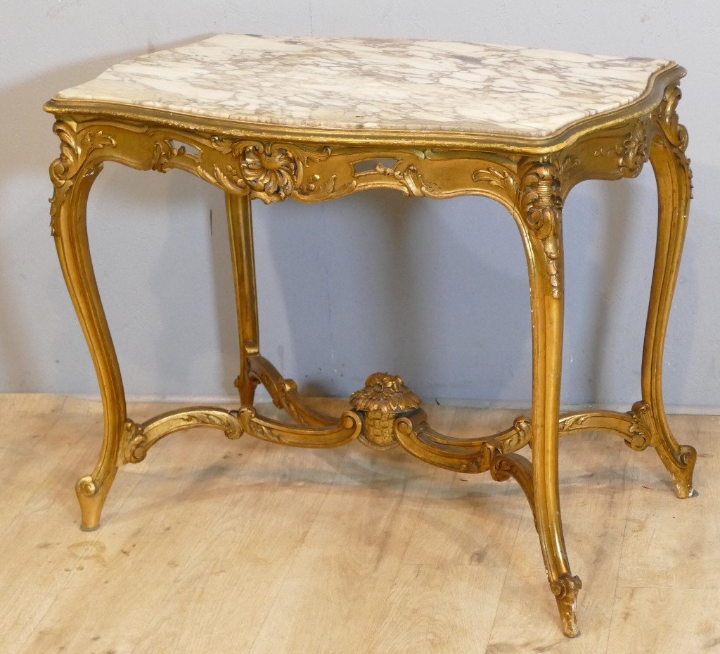 Table De Milieu Louis XV Rocaille En Bois Doré Et Marbre, époque Napoléon III