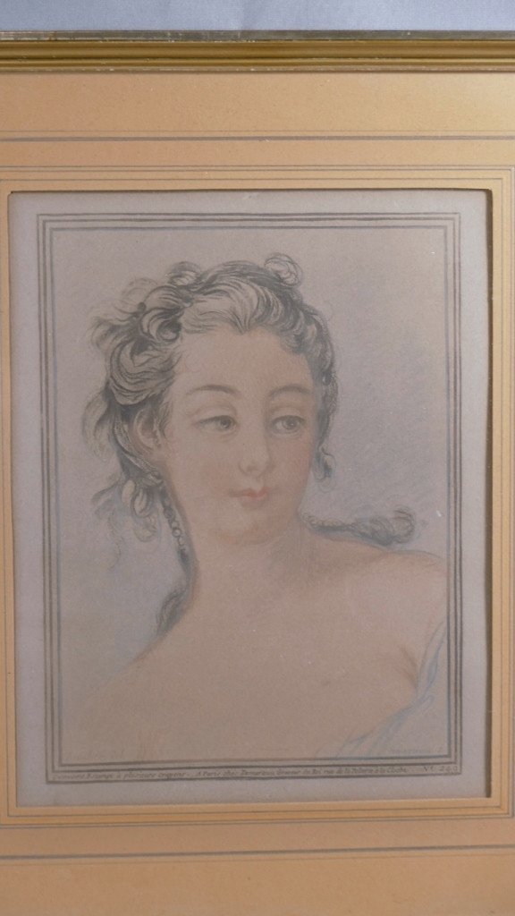 Engraving Print With Several Pencils XVIIIth Young Woman After Boucher By Demarteau-photo-2