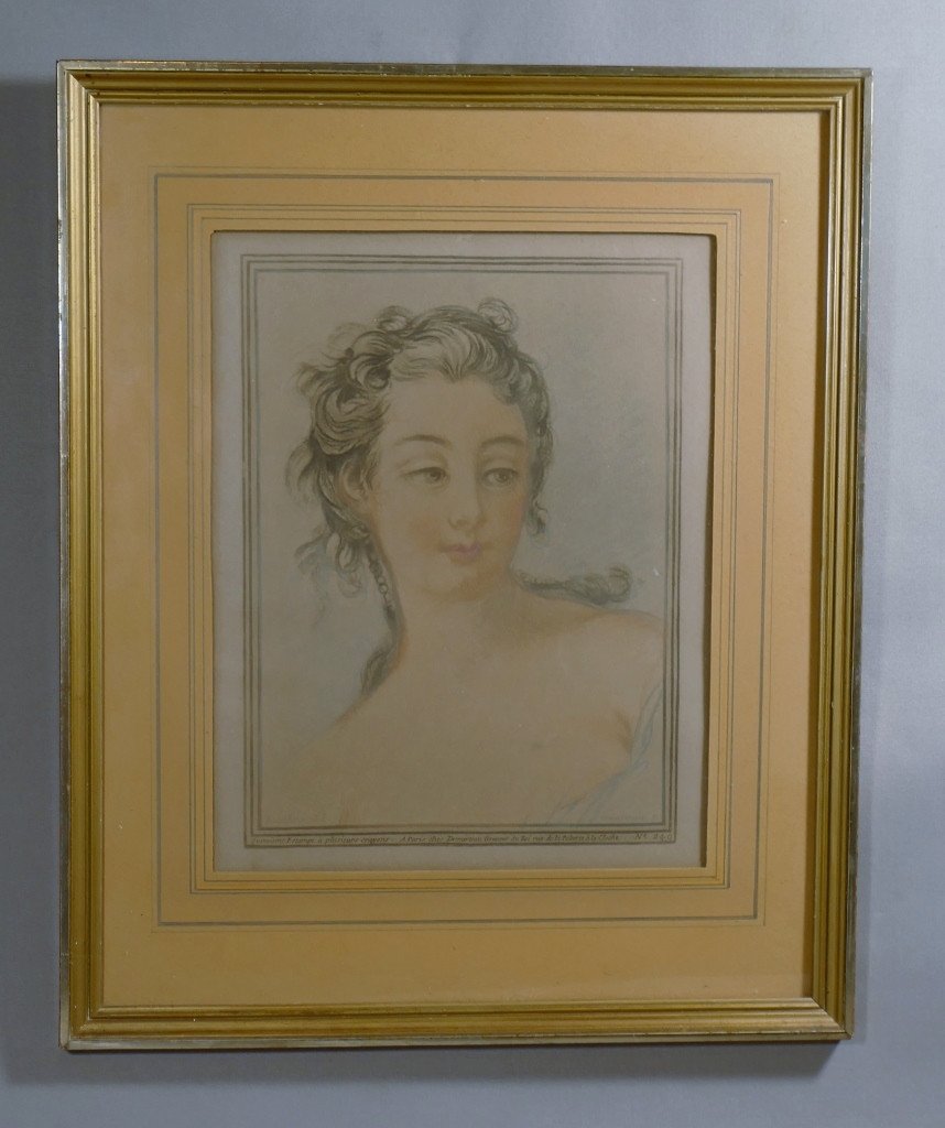 Engraving Print With Several Pencils XVIIIth Young Woman After Boucher By Demarteau