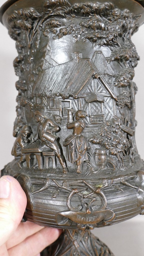 Vase Couvert En Bronze Dédié Aux Plaisirs De La Vie, Bacchus, Coupe à Vin, XIX ème-photo-4