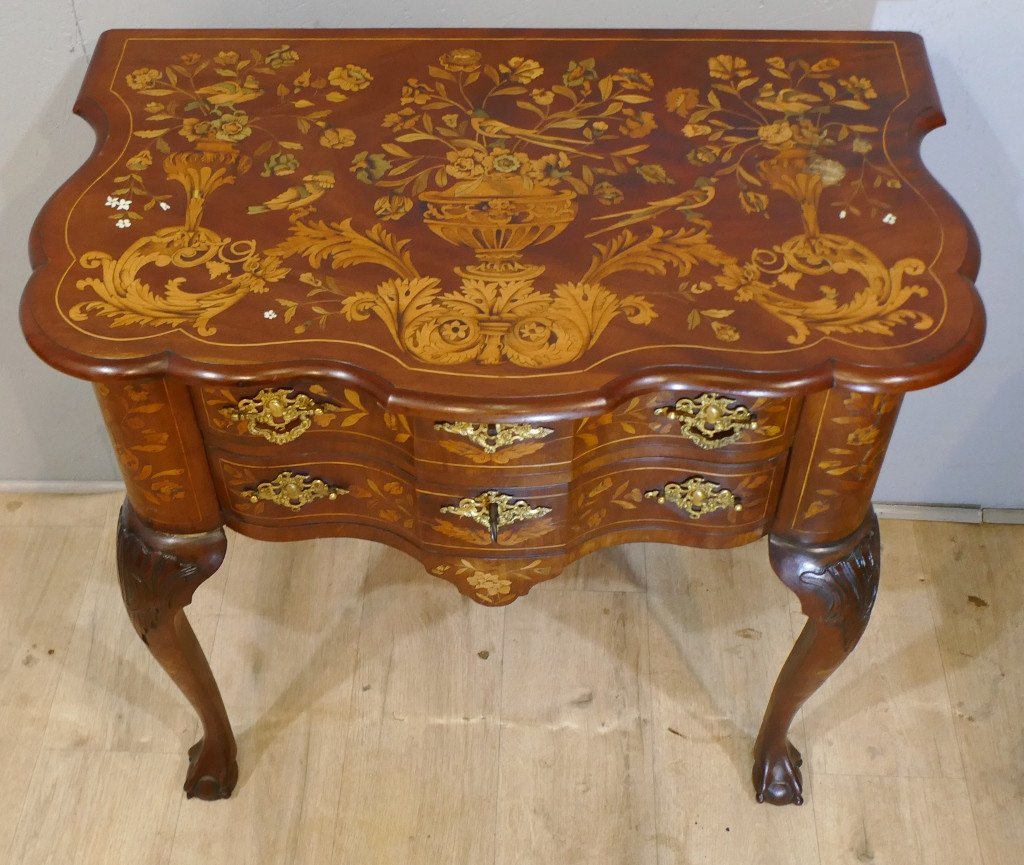 Jumping Commode Forming Console In Holland Marquetry, Late 18th Century Period