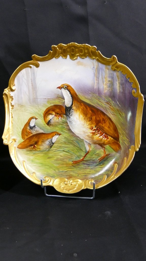 Woodcock And Partridge, Pair Of Hand-painted Decorative Dishes, Limoges Porcelain Late 19th Century-photo-2