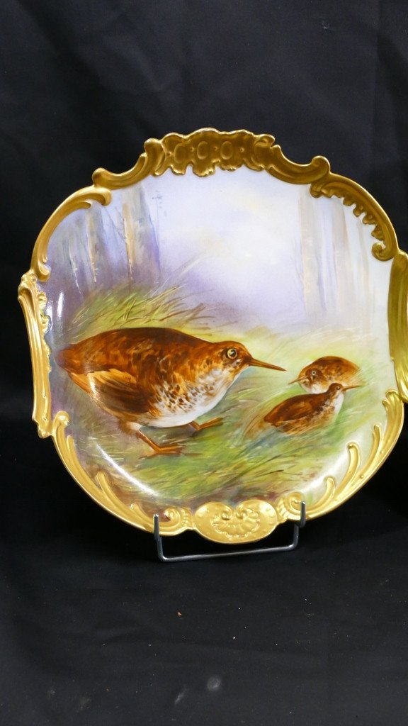 Woodcock And Partridge, Pair Of Hand-painted Decorative Dishes, Limoges Porcelain Late 19th Century-photo-3