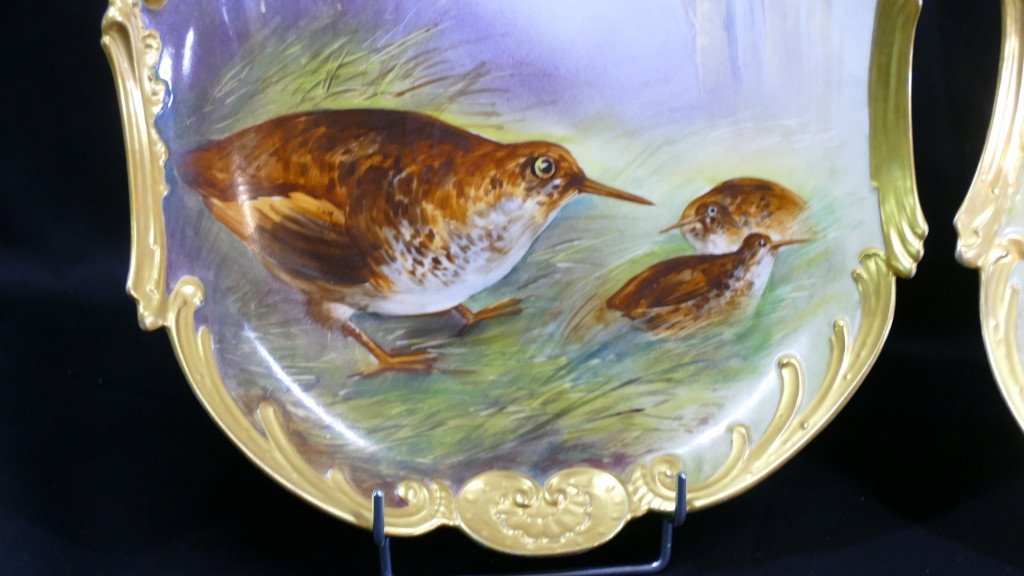 Woodcock And Partridge, Pair Of Hand-painted Decorative Dishes, Limoges Porcelain Late 19th Century-photo-4