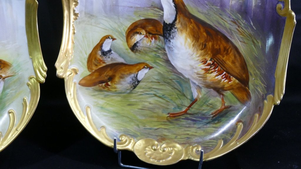 Woodcock And Partridge, Pair Of Hand-painted Decorative Dishes, Limoges Porcelain Late 19th Century-photo-1