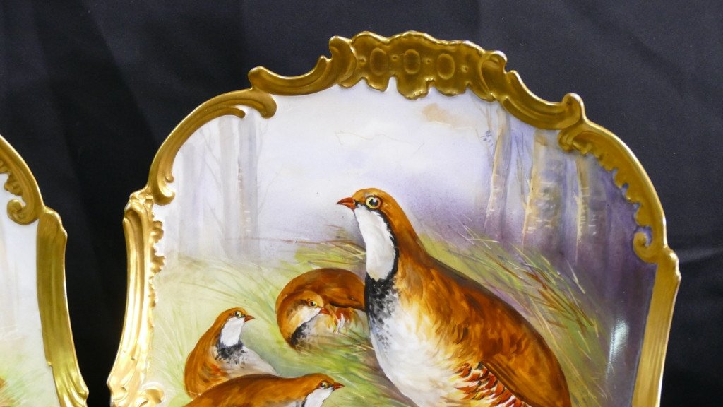 Woodcock And Partridge, Pair Of Hand-painted Decorative Dishes, Limoges Porcelain Late 19th Century-photo-2