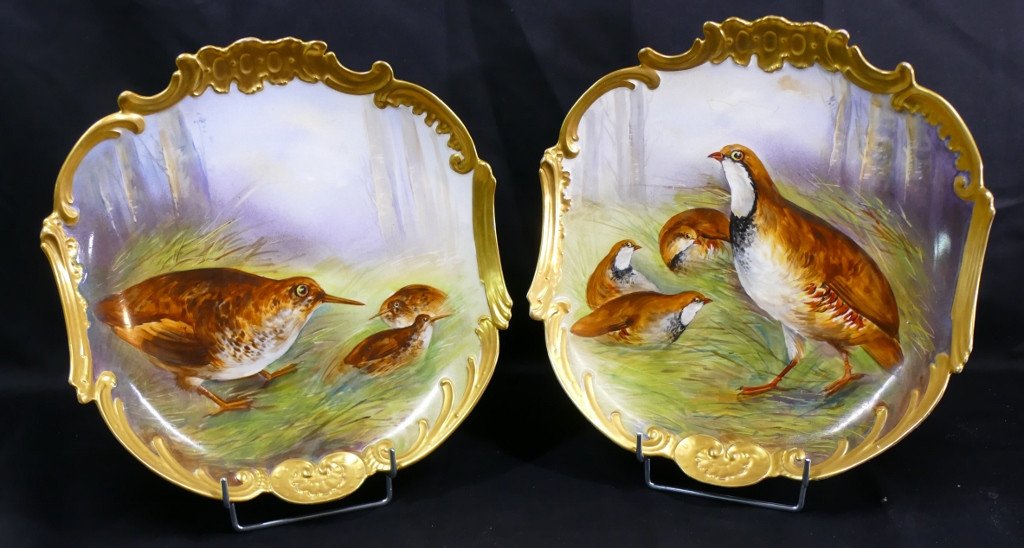 Woodcock And Partridge, Pair Of Hand-painted Decorative Dishes, Limoges Porcelain Late 19th Century